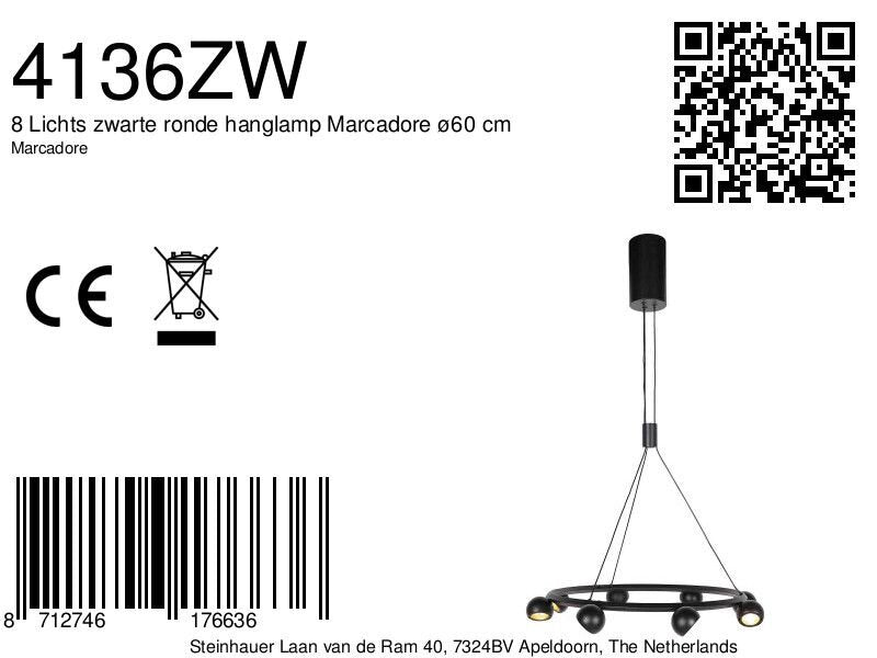 8-lichts zwarte ronde hanglamp Marcadore Ø60 cm