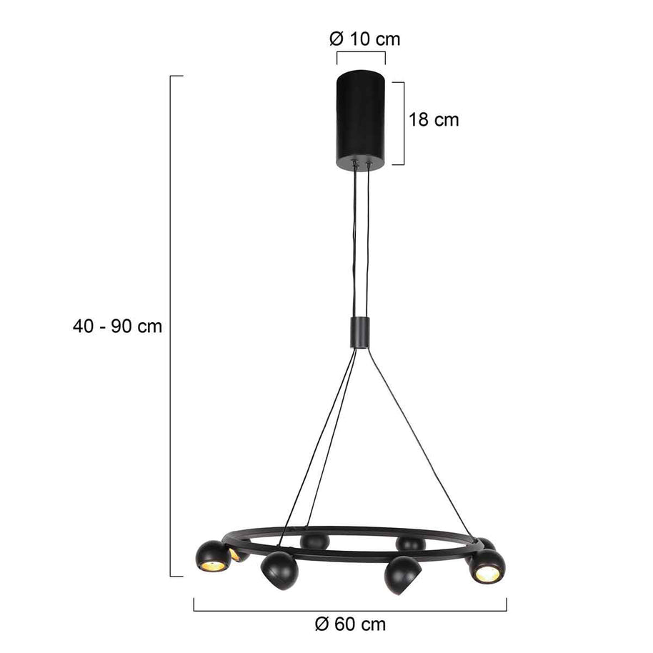 8-lichts zwarte ronde hanglamp Marcadore Ø60 cm