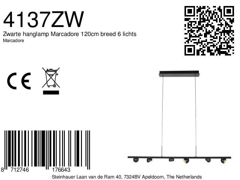 Zwarte hanglamp Marcadore, 120 cm breed, 6-lichts