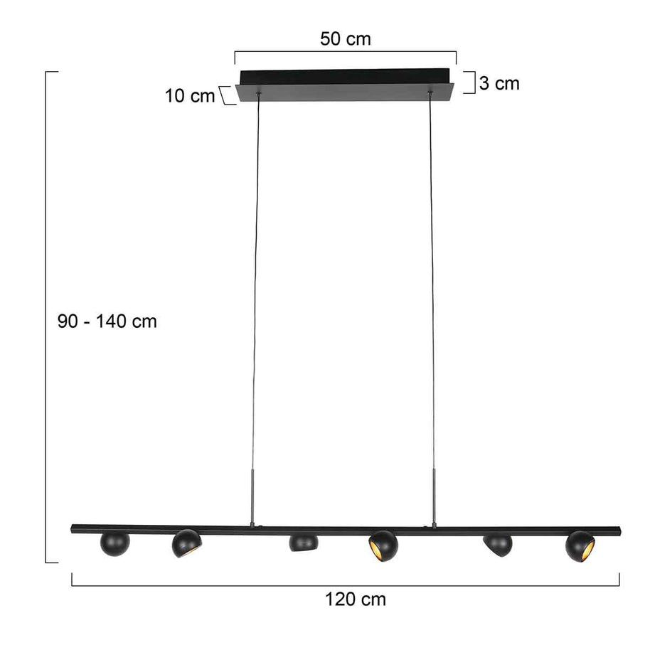 Zwarte hanglamp Marcadore, 120 cm breed, 6-lichts