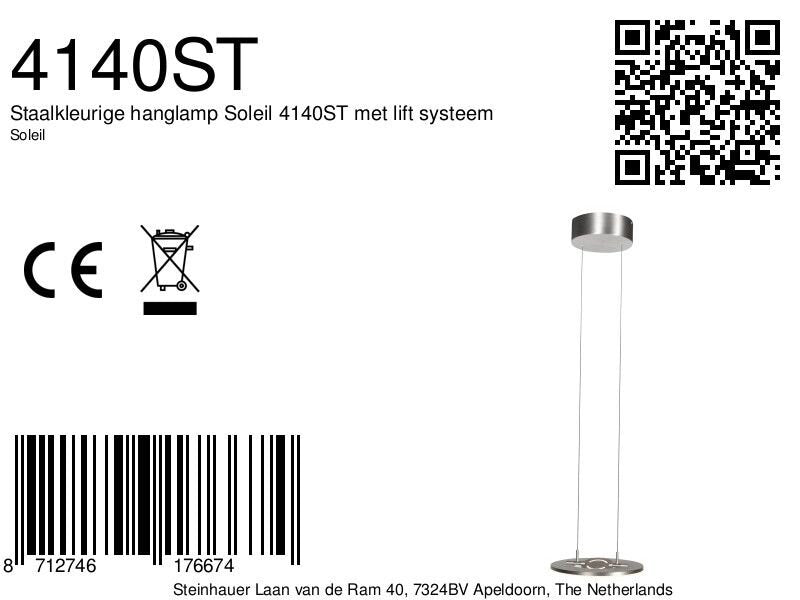 Staalkleurige hanglamp Soleil 4140ST met liftsysteem