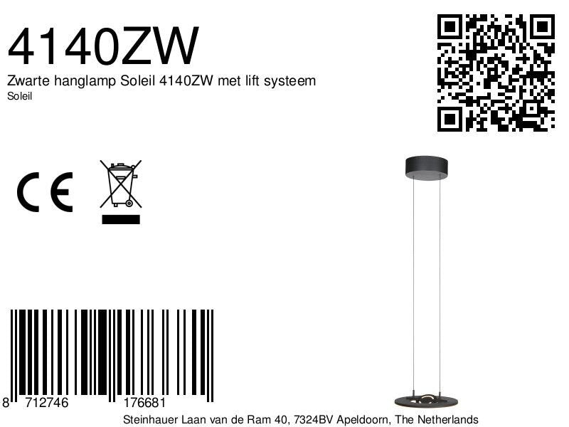 Zwarte hanglamp Soleil 4140ZW met liftsysteem