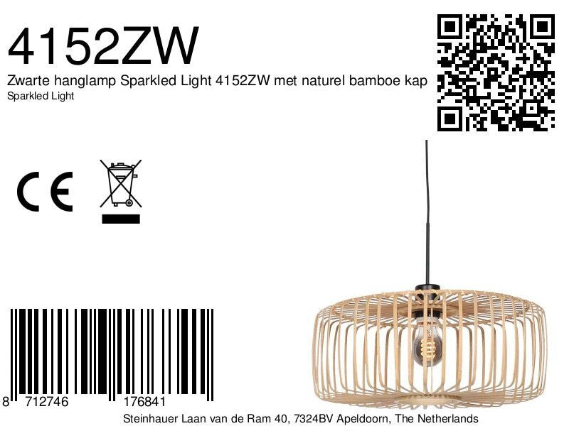 Hanglamp Breeza-Beach 4152ZW zwart met bamboe kap Ø50 cm