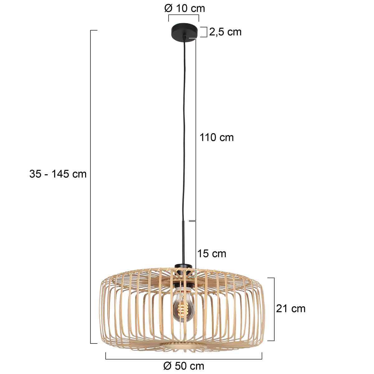 Hanglamp Breeza-Beach 4152ZW zwart met bamboe kap Ø50 cm