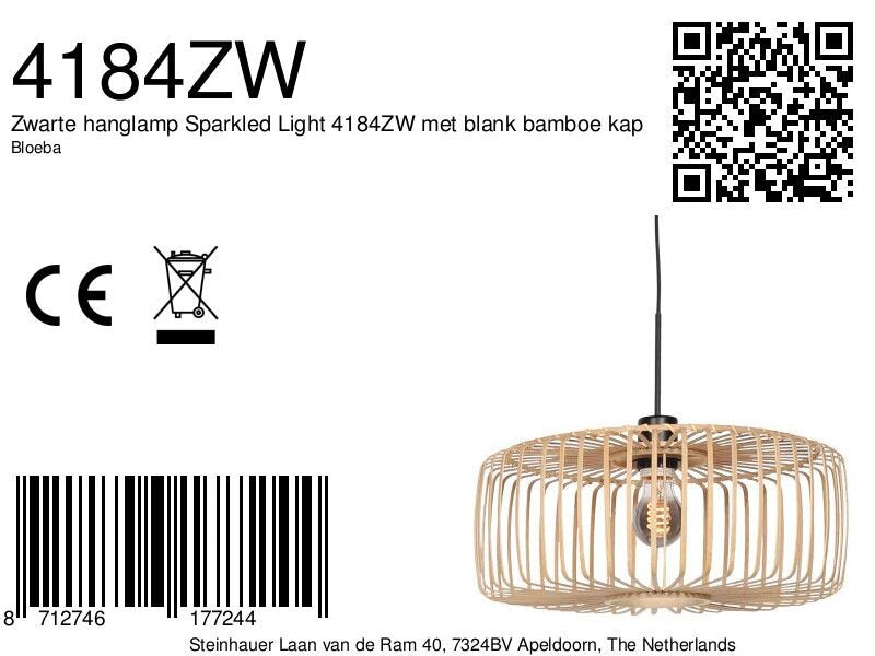 Hanglamp Breeza-Beach 4184ZW zwart met bamboe kap Ø60 cm