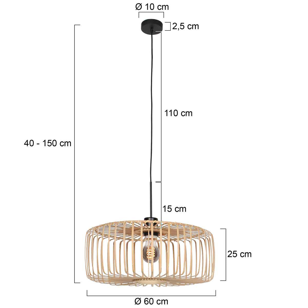 Hanglamp Breeza-Beach 4184ZW zwart met bamboe kap Ø60 cm