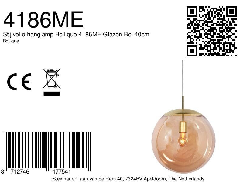 Hanglamp Bollique 4186ME messinglamp met amberglas Ø40 cm