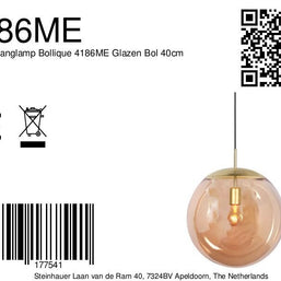 Hanglamp Bollique 4186ME messinglamp met amberglas Ø40 cm