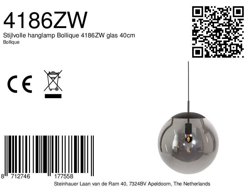 Hanglamp Bollique 4186ZW zwarte lamp met gerookt glas Ø40 cm