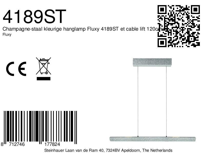 Champagne-staalkleurige hanglamp Fluxy 4189ST met kabellift 120 cm