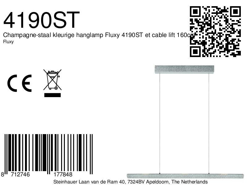 Champagne-staalkleurige hanglamp Fluxy 4190ST met kabellift 160 cm