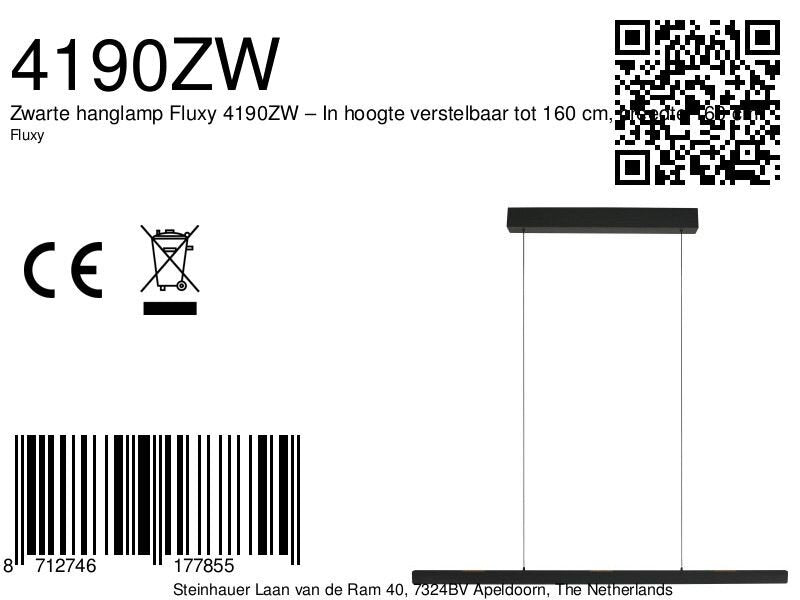 Zwarte hanglamp Fluxy 4190ZW – In hoogte verstelbaar tot 160 cm, breedte 160 cm