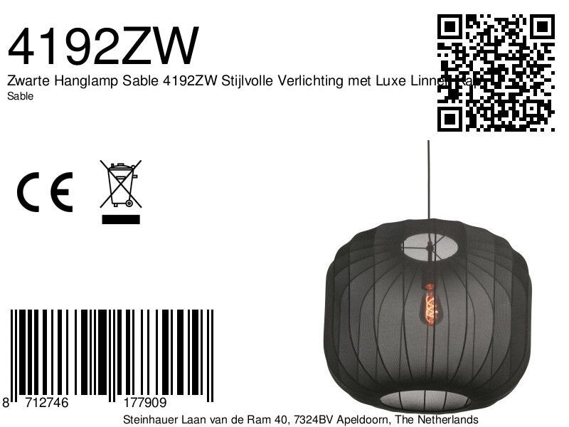 Zwarte Hanglamp Sable 4192ZW Stijlvolle Verlichting met Luxe Linnen Kap