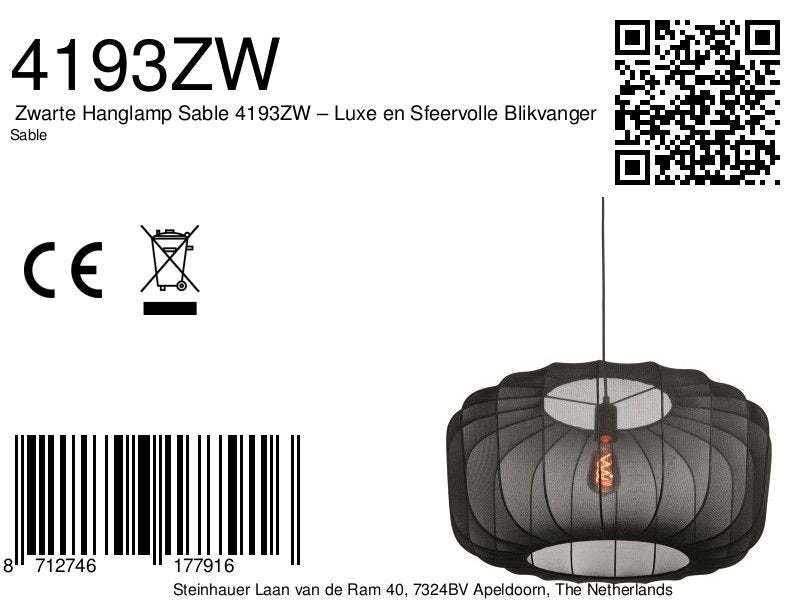 Zwarte Hanglamp Sable 4193ZW – Luxe en Sfeervolle Blikvanger