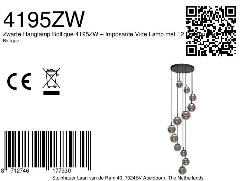 Hanglamp Bollique 4195ZW zwarte vide-lamp met 12 lichtpunten