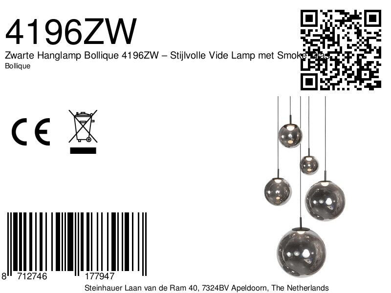 Hanglamp Bollique 4196ZW zwarte videlamp met rookglas