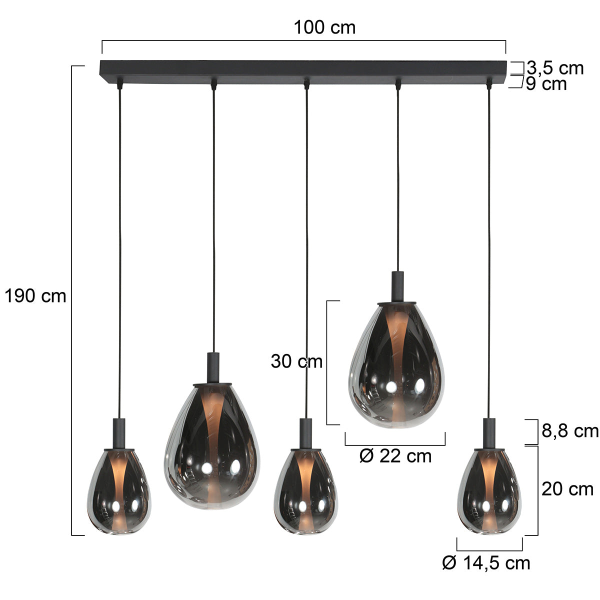 Glimsy 4197ZW hanglamp met gerookt glas