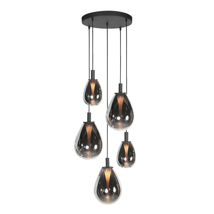 Glimsy 4198ZW hanglamp 5-lichts met smokegekleurde glazen
