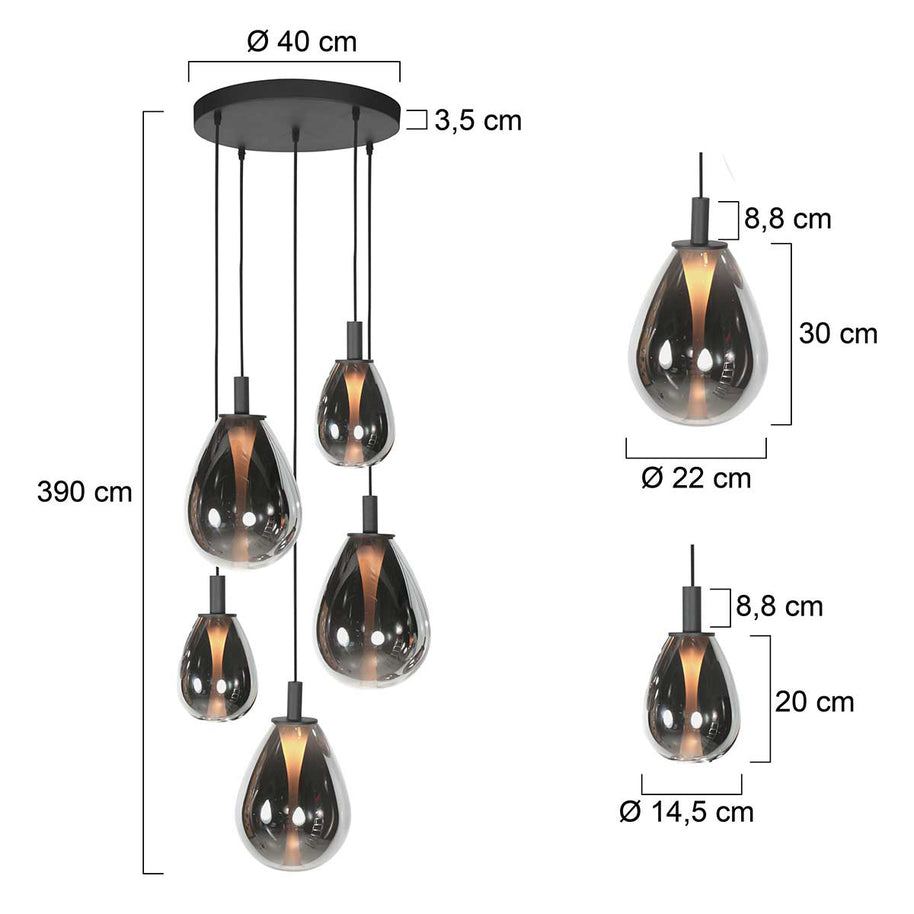 Glimsy 4198ZW hanglamp 5-lichts met smokegekleurde glazen