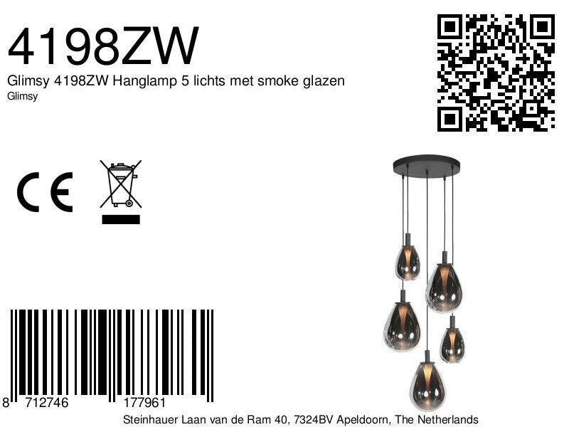 Glimsy 4198ZW hanglamp 5-lichts met smokegekleurde glazen