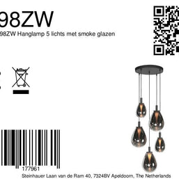Glimsy 4198ZW hanglamp 5-lichts met smokegekleurde glazen