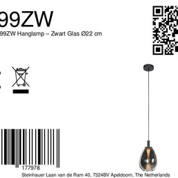 Glimsy 4199ZW hanglamp – zwart glas Ø22 cm