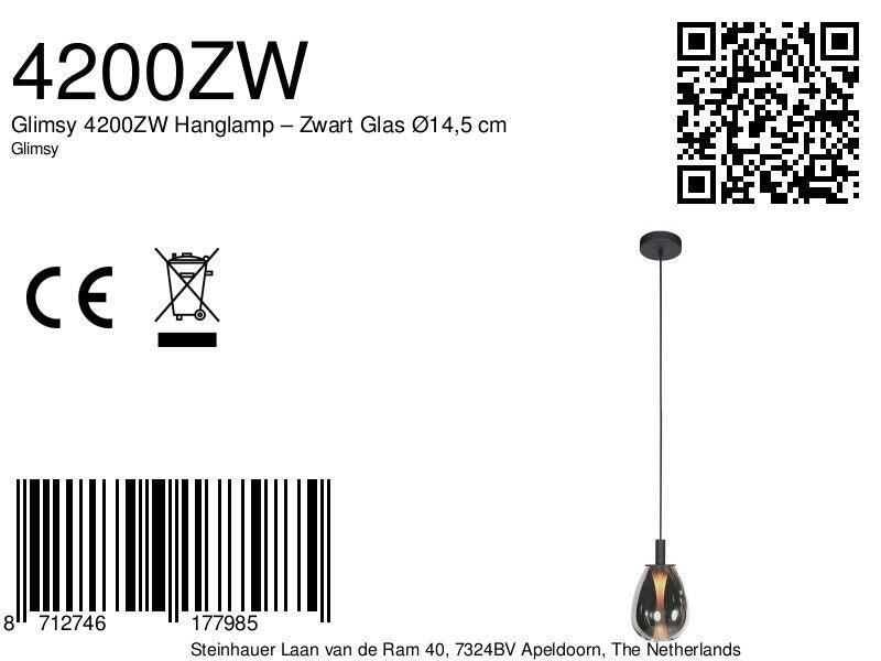 Glimsy 4200ZW Hanglamp – Zwart Glas Ø14,5 cm