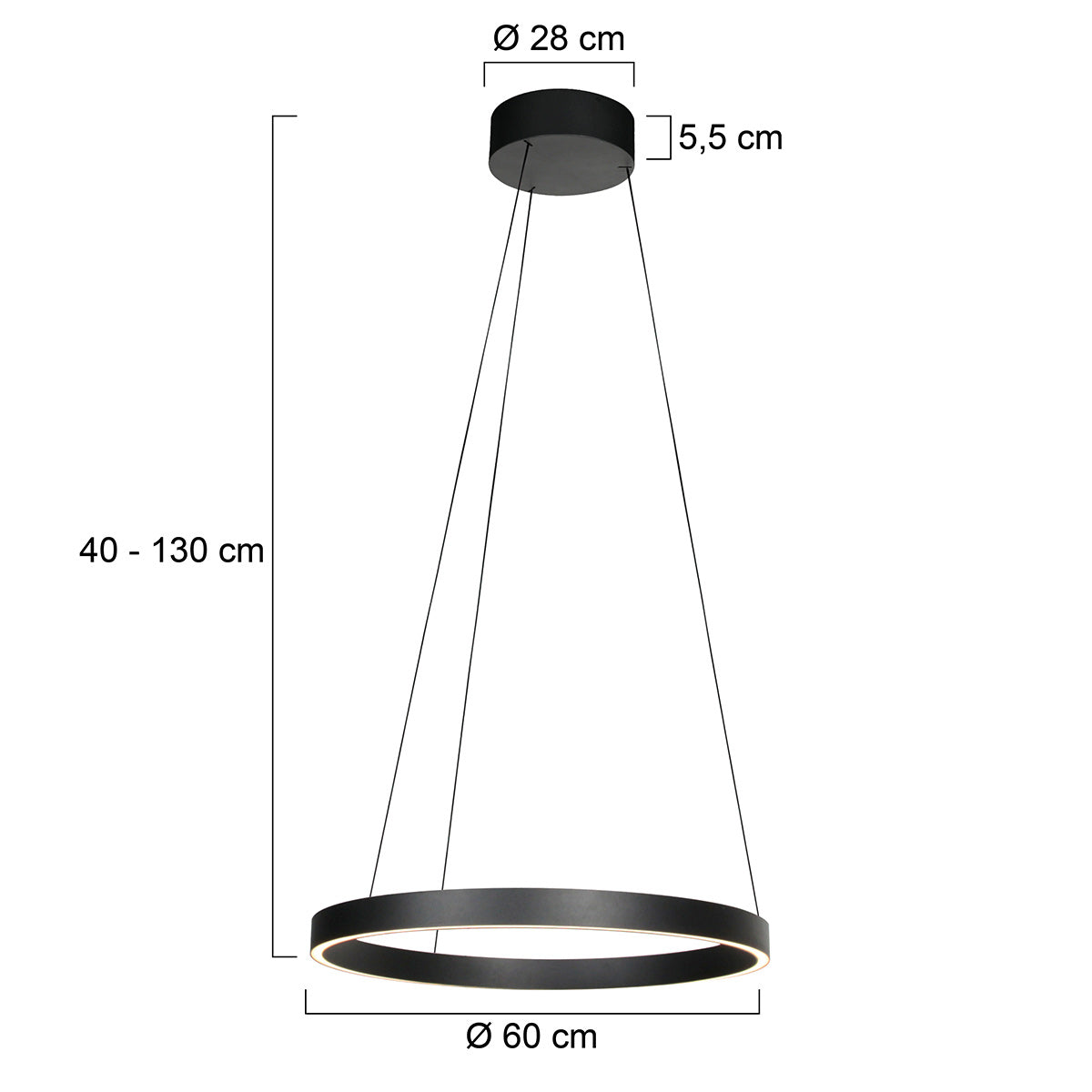Ronde zwarte hanglamp Mykty 4203ZW – 60 cm diameter, in hoogte verstelbaar met kabellift, 7800 lumen