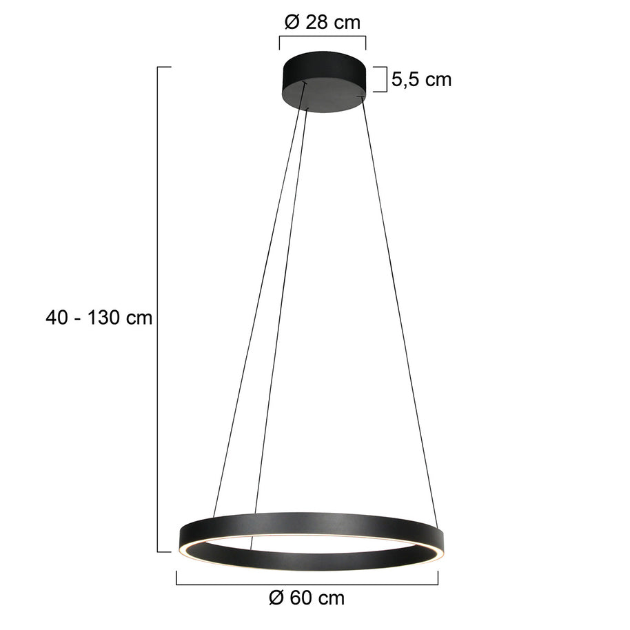 Ronde zwarte hanglamp Mykty 4203ZW – 60 cm diameter, in hoogte verstelbaar met kabellift, 7800 lumen