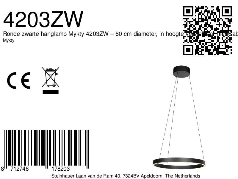 Ronde zwarte hanglamp Mykty 4203ZW – 60 cm diameter, in hoogte verstelbaar met kabellift, 7800 lumen