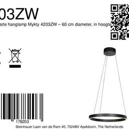 Ronde zwarte hanglamp Mykty 4203ZW – 60 cm diameter, in hoogte verstelbaar met kabellift, 7800 lumen