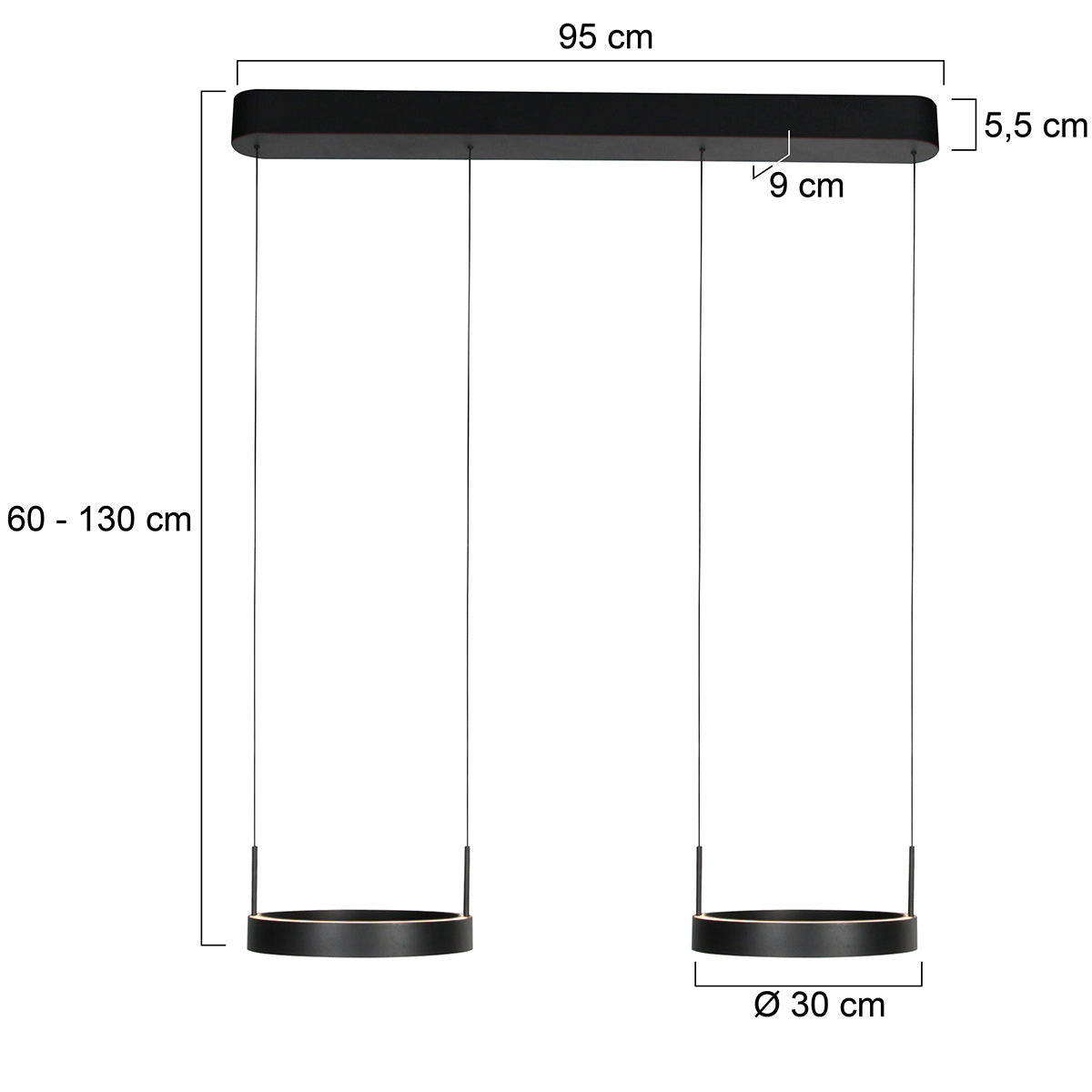 Zwarte hanglamp Mykty 4204 – Twee zwevende cirkels, individueel in hoogte verstelbaar, 6000 lumen, 2700K