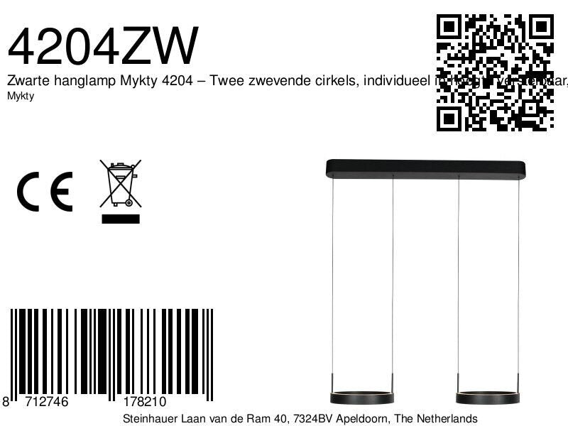 Zwarte hanglamp Mykty 4204 – Twee zwevende cirkels, individueel in hoogte verstelbaar, 6000 lumen, 2700K