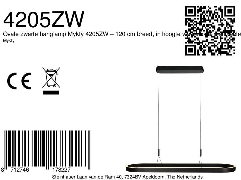 Ovale zwarte hanglamp Mykty 4205ZW – 120 cm breed, in hoogte verstelbaar met Cable Lift