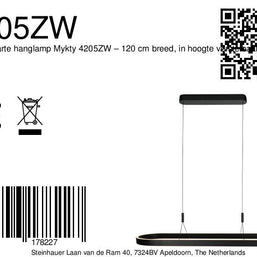 Ovale zwarte hanglamp Mykty 4205ZW – 120 cm breed, in hoogte verstelbaar met Cable Lift