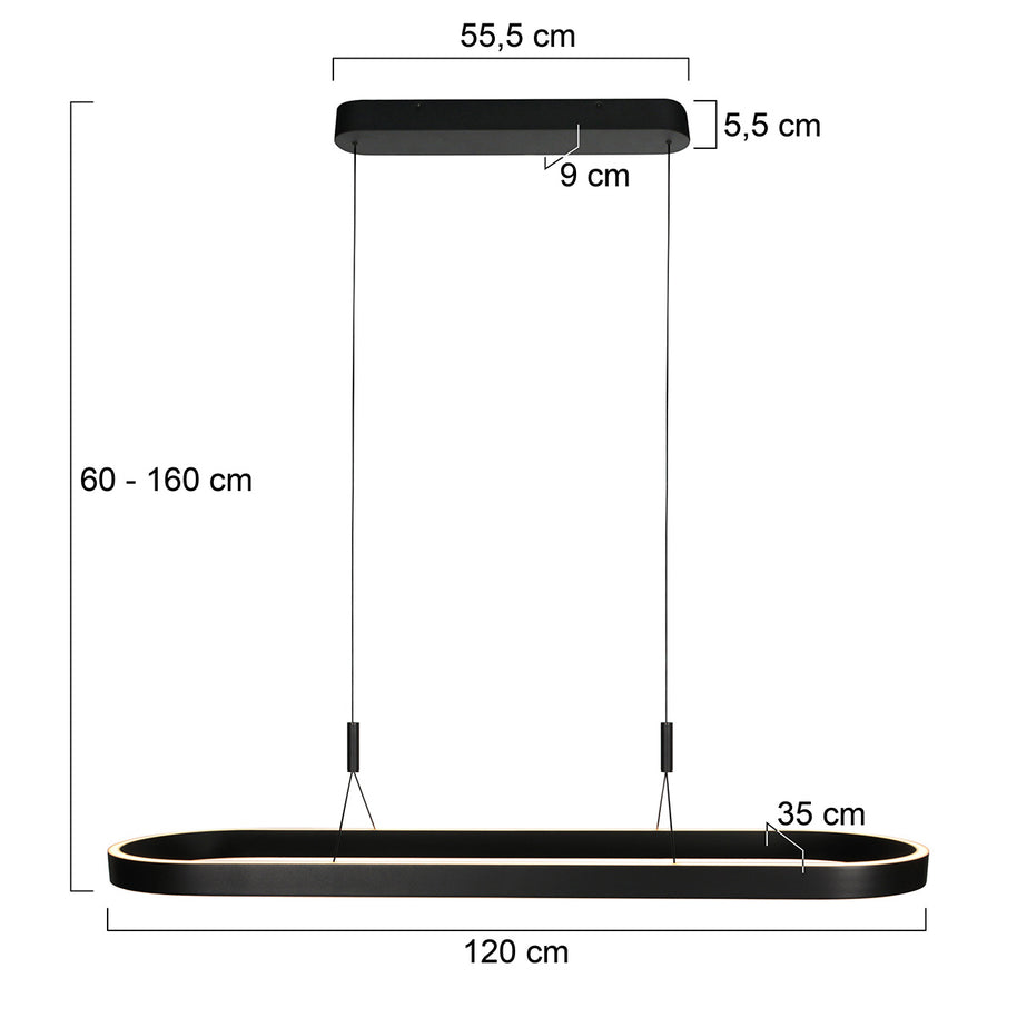 Ovale zwarte hanglamp Mykty 4205ZW – 120 cm breed, in hoogte verstelbaar met Cable Lift