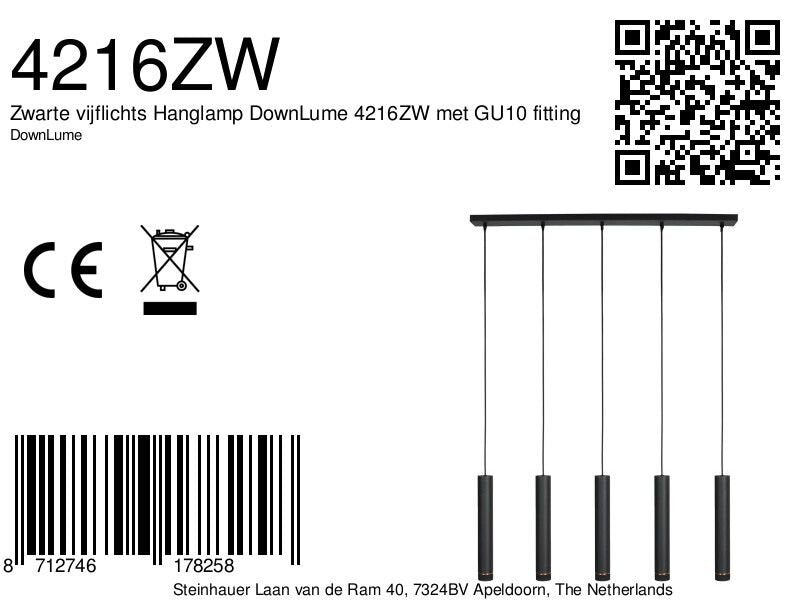 Zwarte vijflichts hanglamp DownLume 4216ZW met GU10-fitting