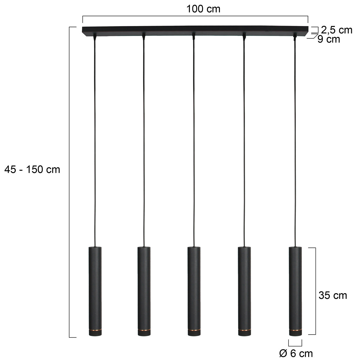 Zwarte vijflichts hanglamp DownLume 4216ZW met GU10-fitting