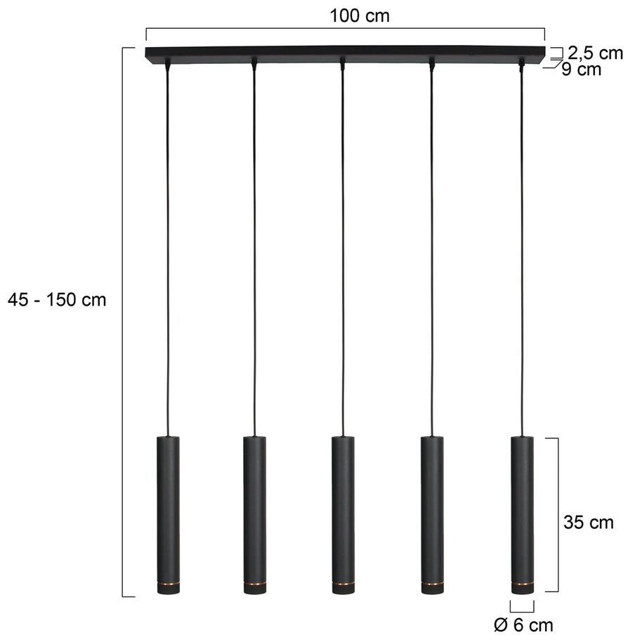 Zwarte vijflichts hanglamp DownLume 4216ZW met GU10-fitting