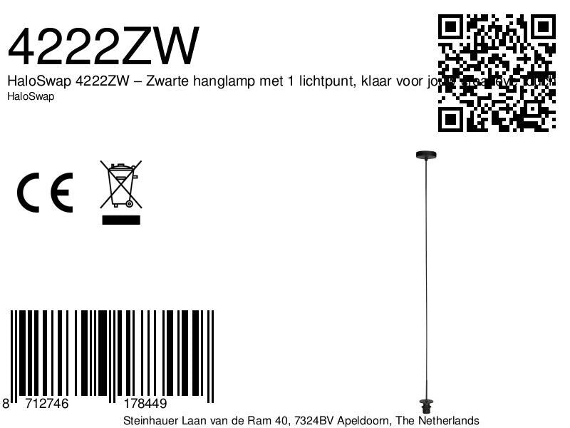 HaloSwap 4222ZW – zwarte hanglamp met 1 lichtpunt, klaar voor jouw creatieve toets