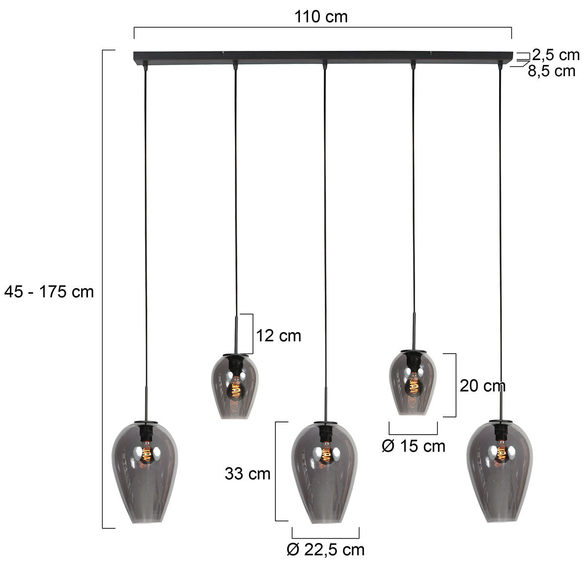 Hanglamp Drovia 4280ZW met smoke glas in twee formaten