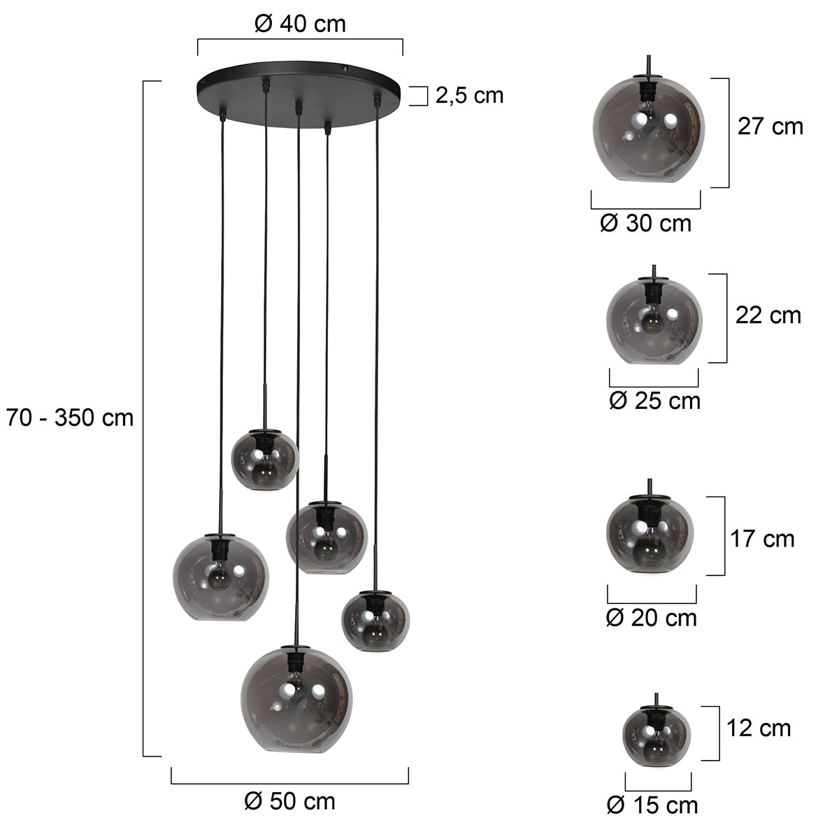 Sferio 4281ZW hanglamp met 5 rookglazen pendels