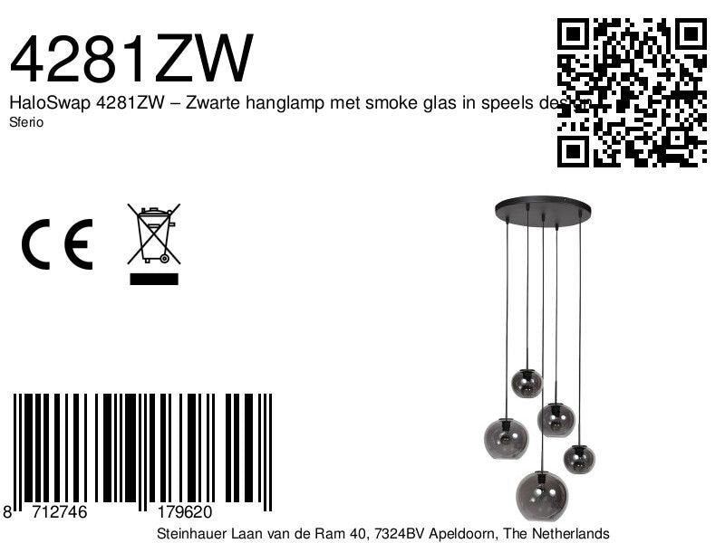 Sferio 4281ZW hanglamp met 5 rookglazen pendels