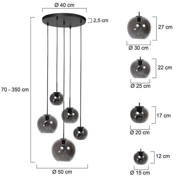 Sferio 4281ZW hanglamp met 5 rookglazen pendels
