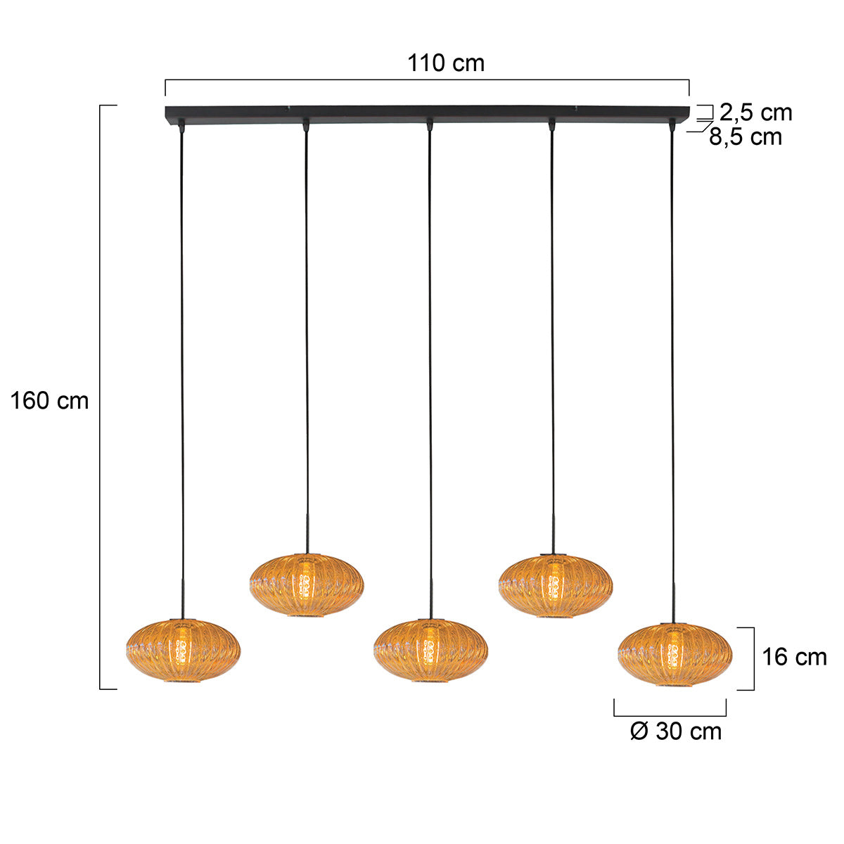 Hanglamp Aurelio 4286ZW – 5-lichts balk met ufo glas