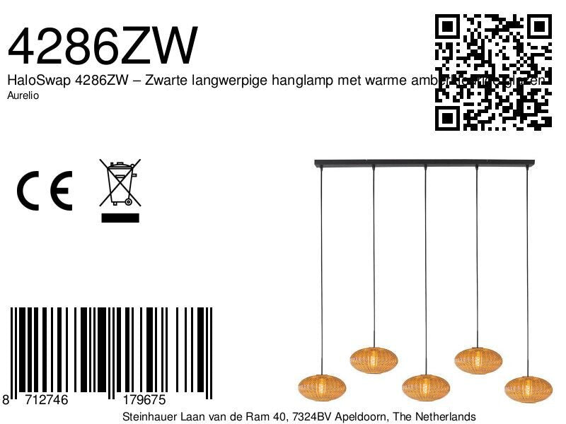 Hanglamp Aurelio 4286ZW – 5-lichts balk met ufo glas