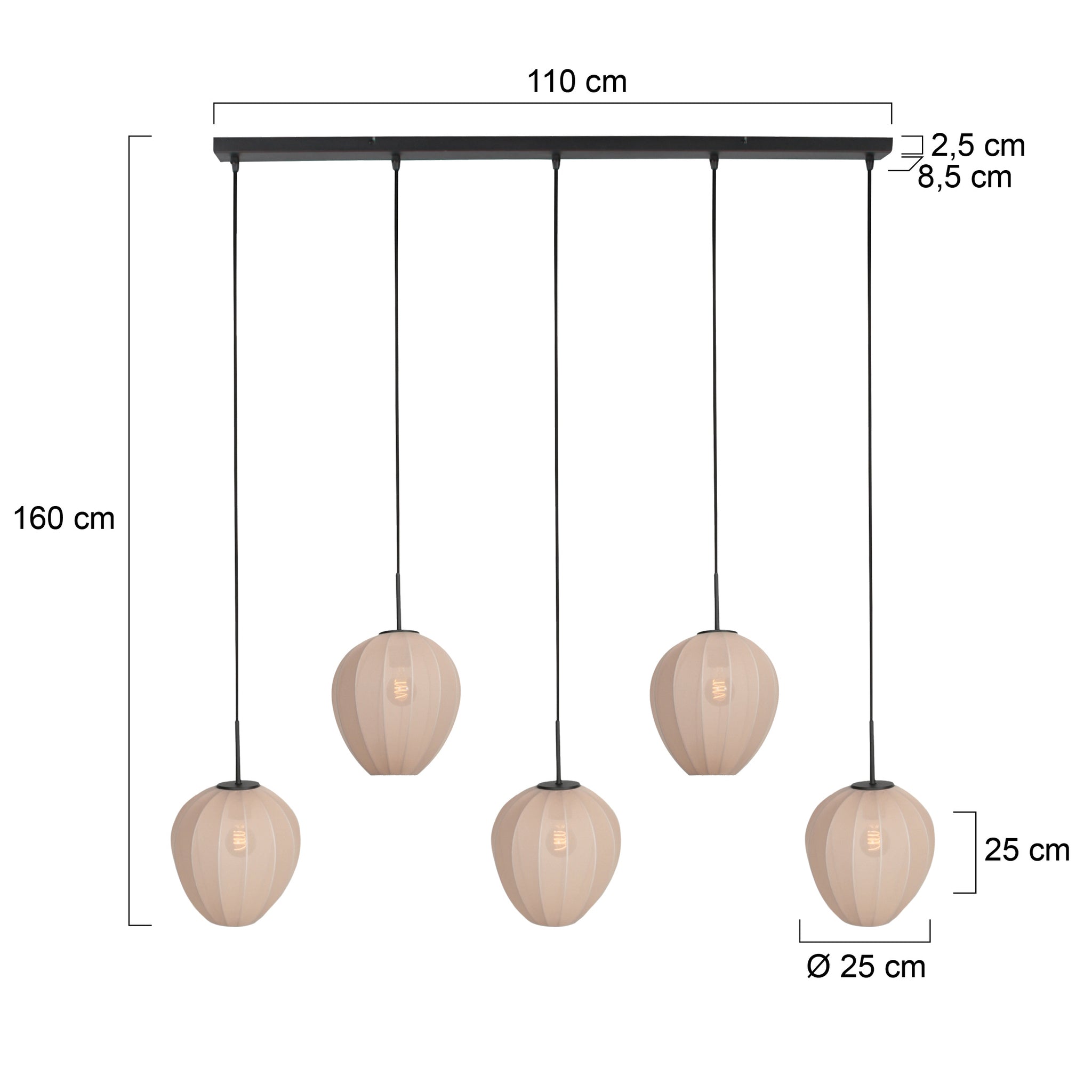 Hanglamp Silura 4288ZW – 5-lichts balk met linnen kapjes