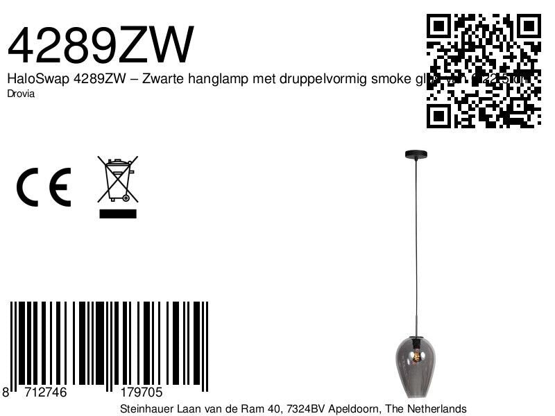Hanglamp Drovia 4289ZW met gerookt glas, warme blikvanger
