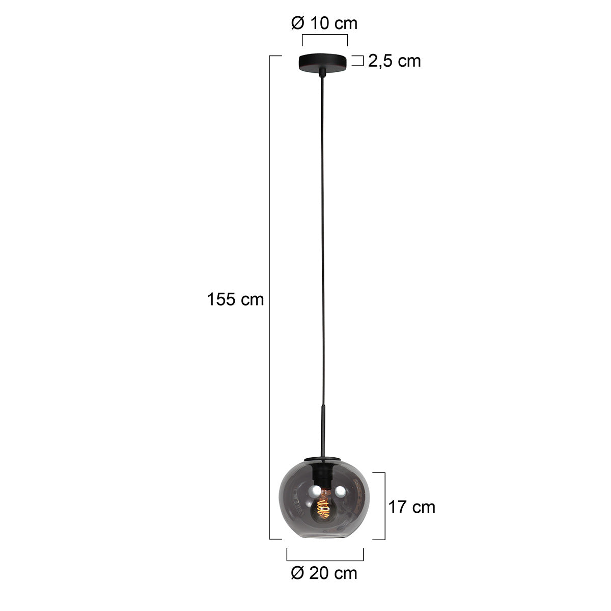 Sferio 4292ZW – Zwarte hanglamp met bolvormig gerookt glas van Ø 20 cm