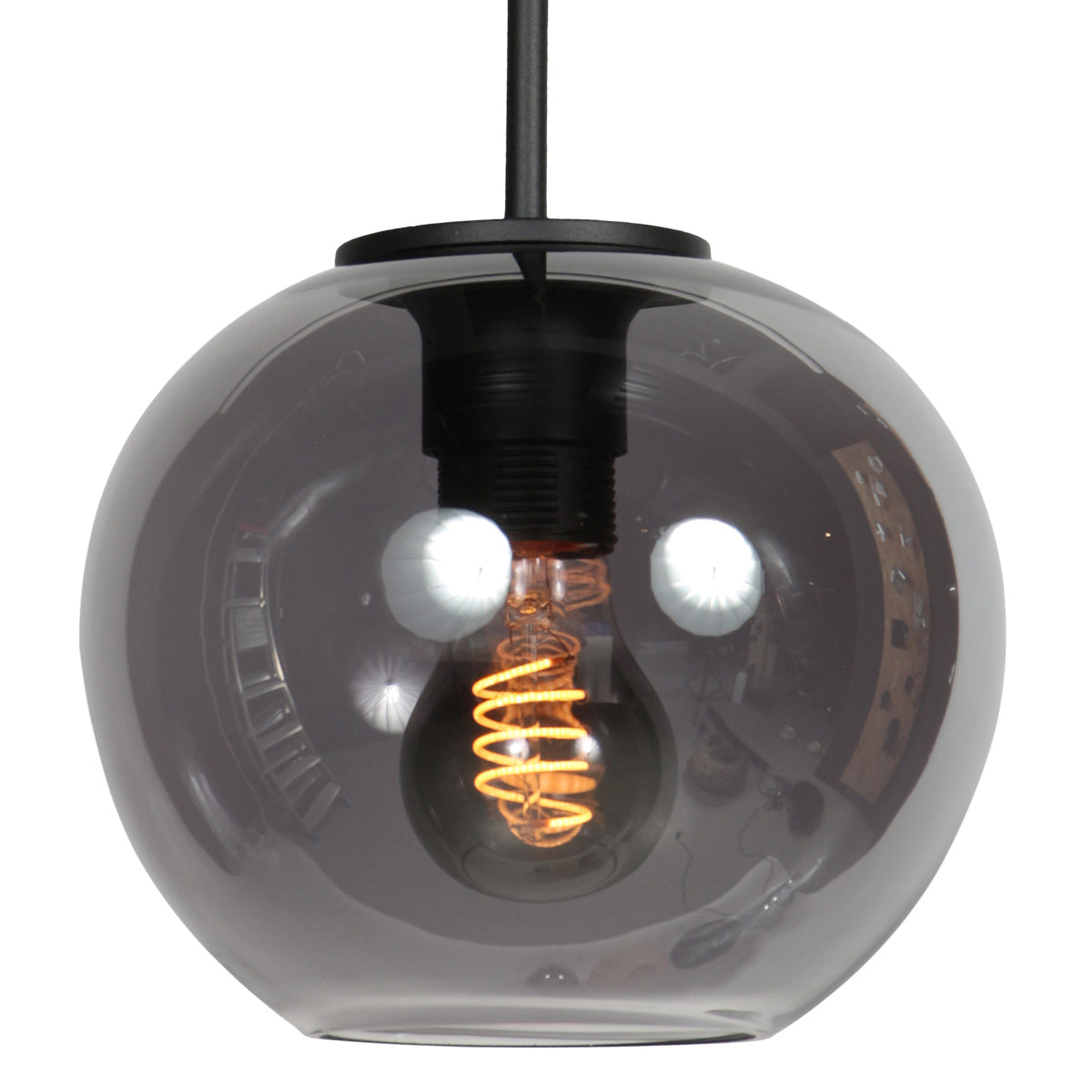 Sferio 4292ZW – Zwarte hanglamp met bolvormig gerookt glas van Ø 20 cm